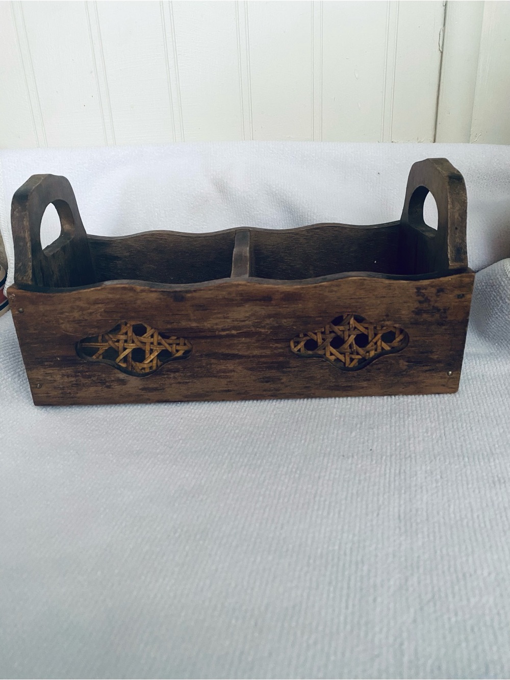 Vintage Rustic Wooden Caddy with Cutout Design